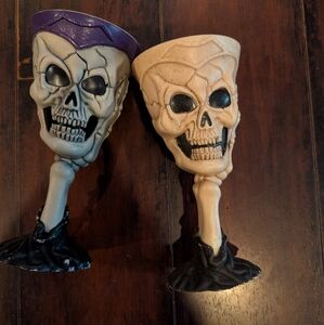 Skeleton Skull Plastic Wine Goblets Halloween Bones  7.5" Gothic Spooky Lot Of 2